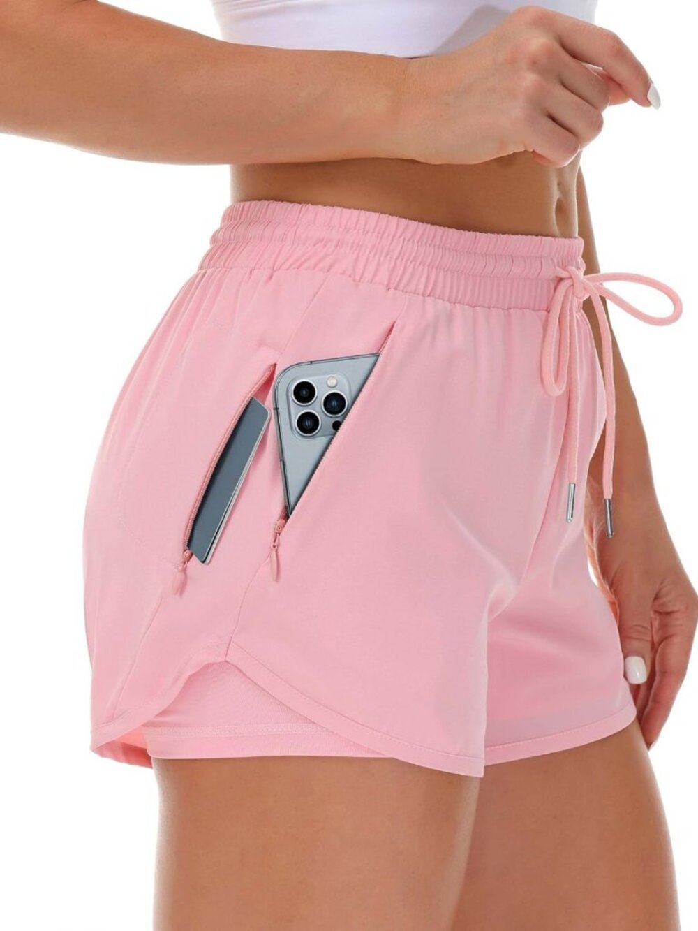Women's Athletic Running Shorts with Liner, 3 Zipper Pockets, Elastic Gym Yoga